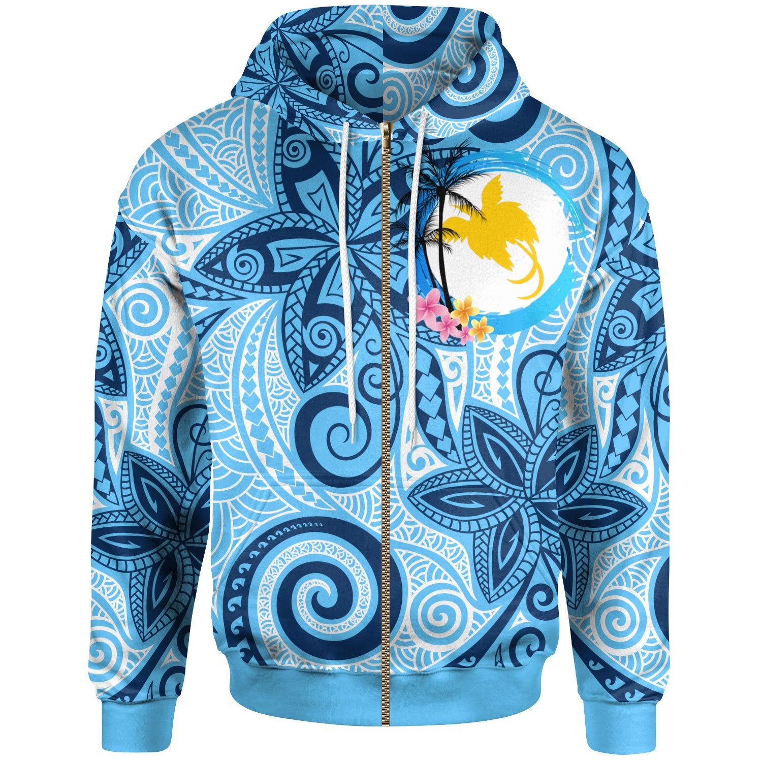 Papua New Guinea Zip Hoodie Tribal Plumeria Pattern Unisex Blue - Polynesian Pride