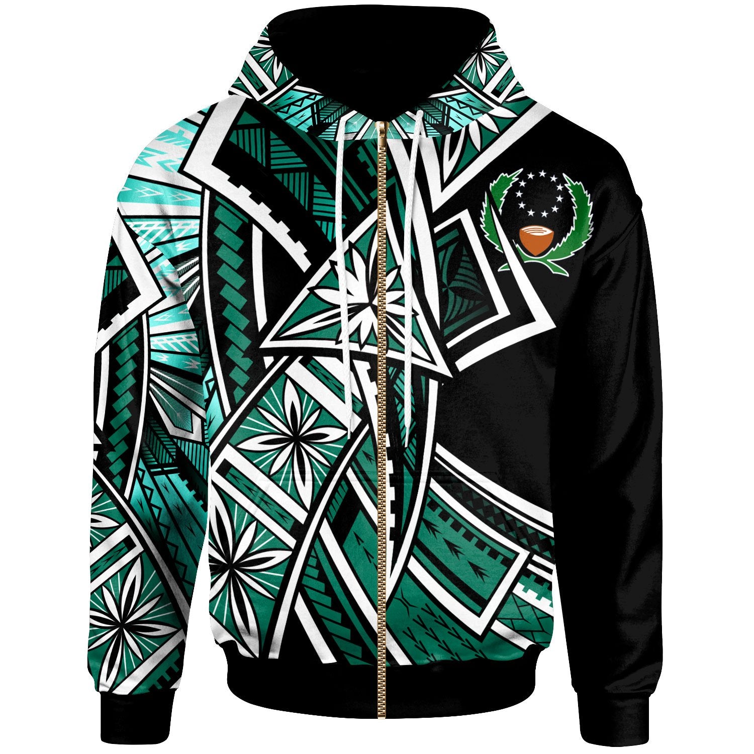 Pohnpei Zip up Hoodie Tribal Flower Special Pattern Green Color Unisex Green - Polynesian Pride