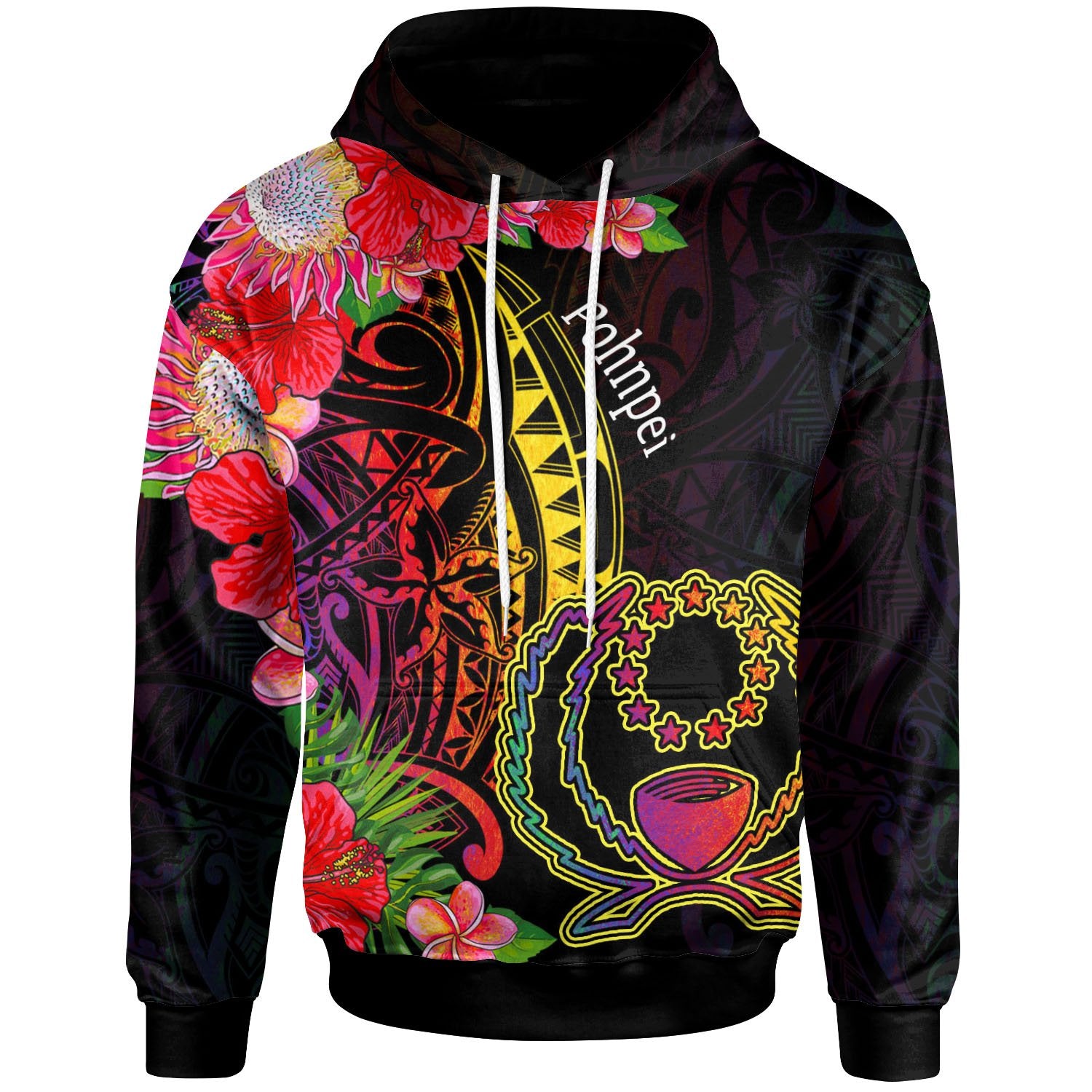 Pohnpei Hoodie Tropical Hippie Style Unisex Black - Polynesian Pride