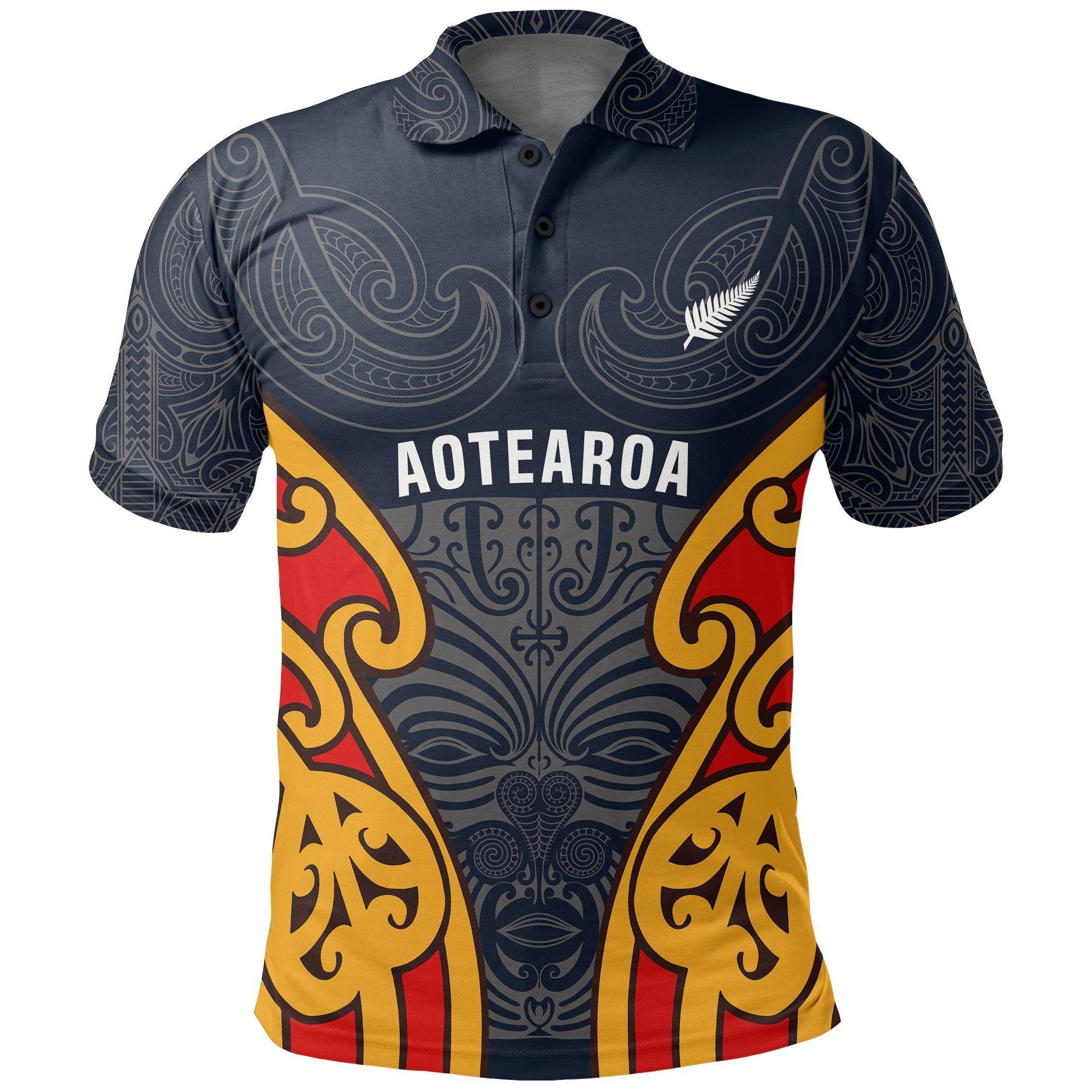 New Zealand Maori Moko Polo Shirt Aotearoa Silver Fern Unisex Black - Polynesian Pride