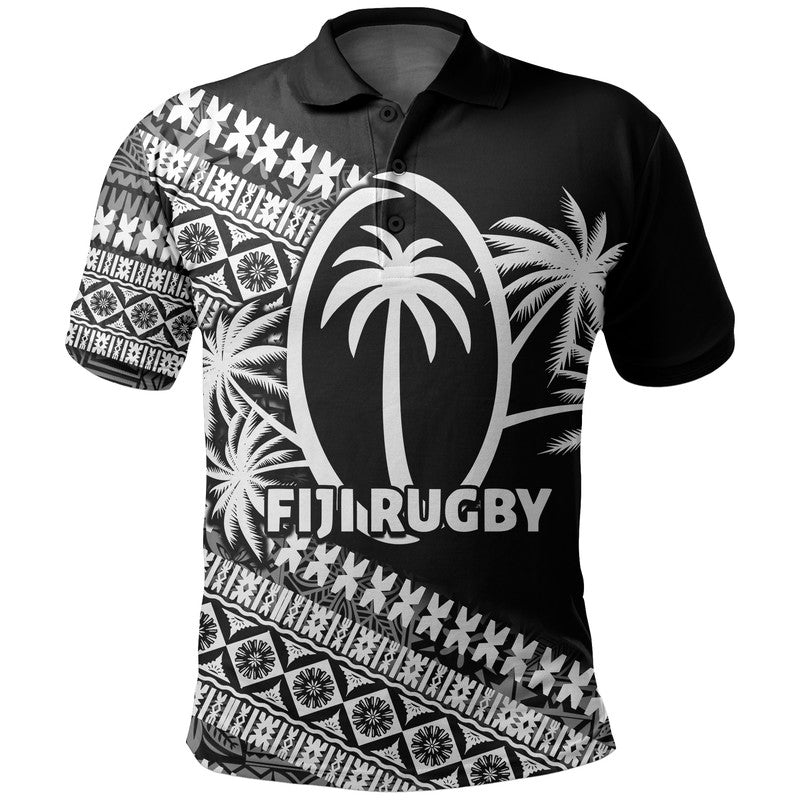 Custom FijI Tapa Rugby Polo Shirt LT6 Black - Polynesian Pride