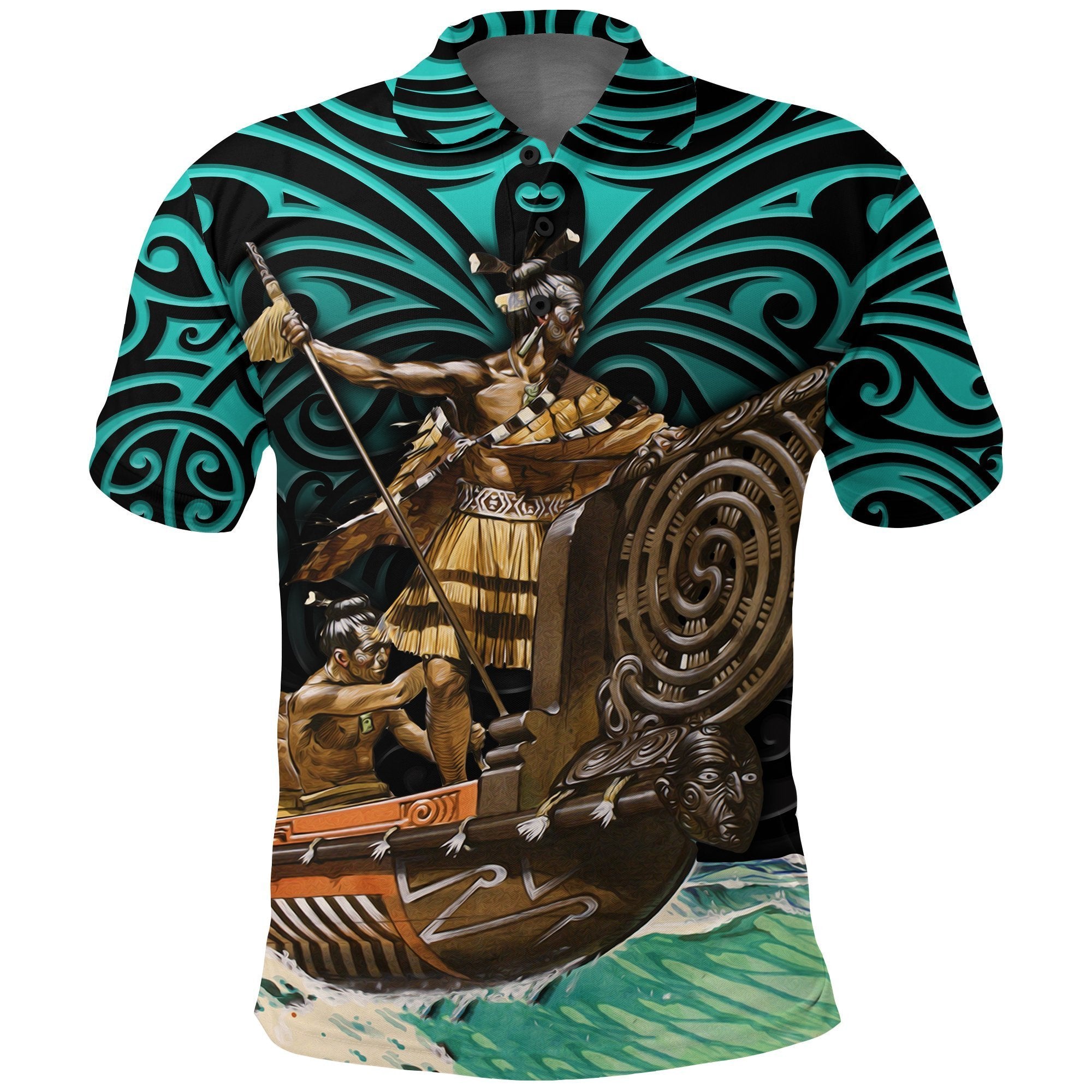 New Zealand Polo Shirt, Maori Waka Taua Golfs Shirt Black - Polynesian Pride