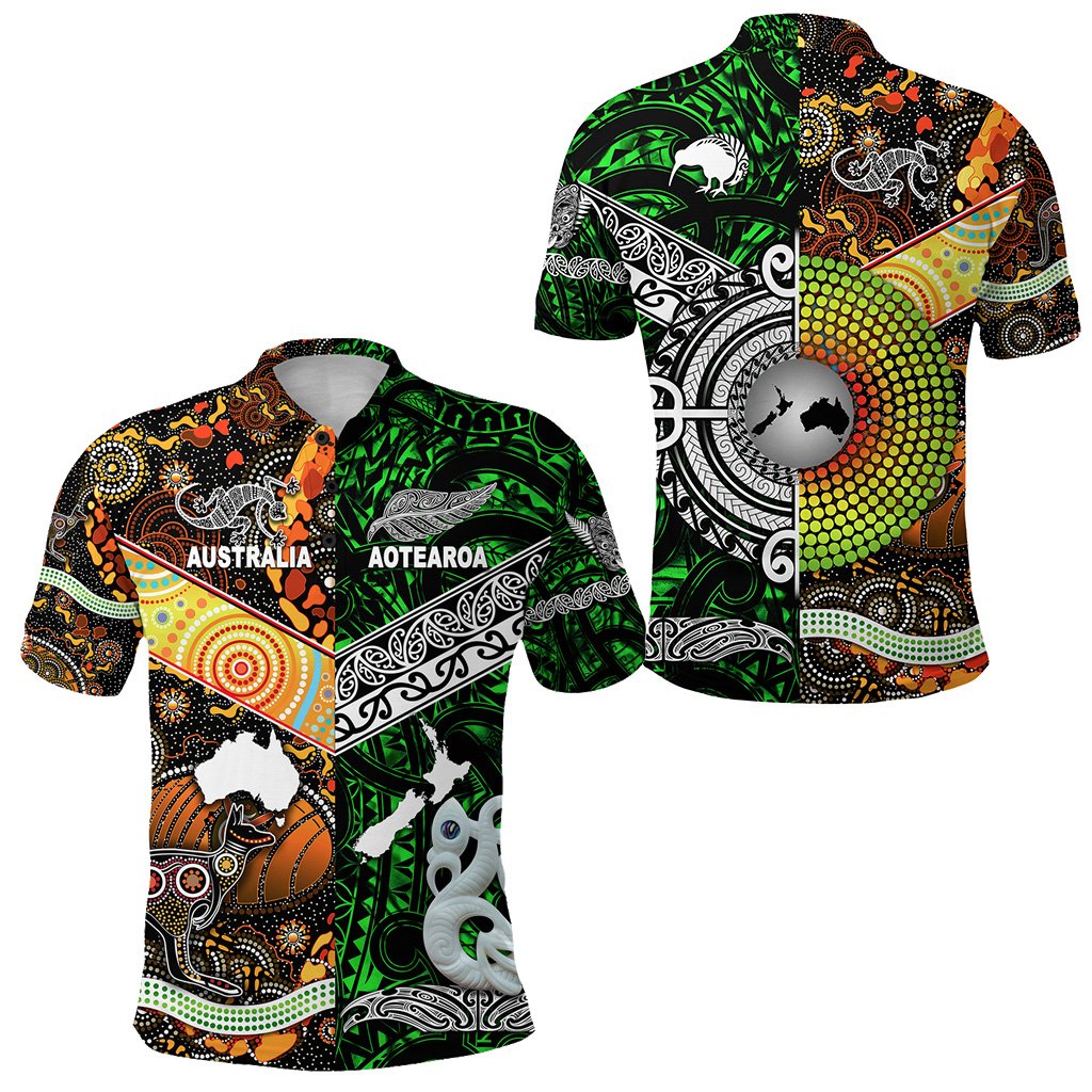 New Zealand Australia Polo Shirt Maori and Aboriginal Together Green LT8 - Polynesian Pride