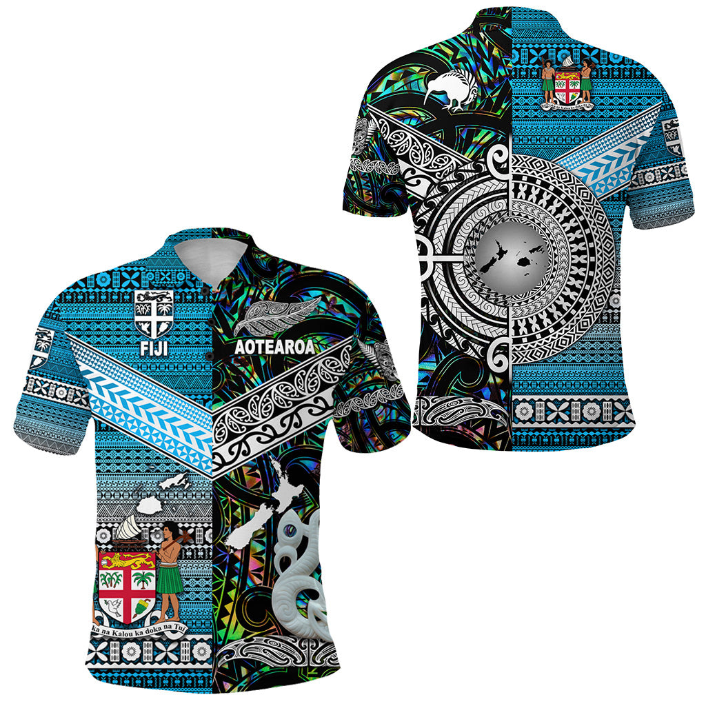 New Zealand Fiji Polo Shirt Maori and Tapa Together Paua Shell LT8 Blue - Polynesian Pride