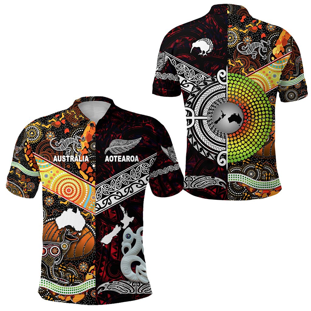 New Zealand Australia Polo Shirt Maori and Aboriginal Together Red LT8 - Polynesian Pride