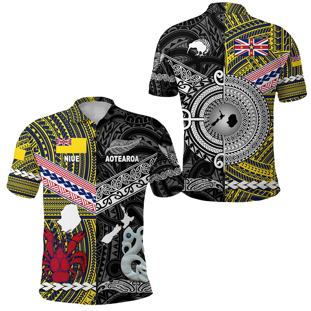 New Zealand Niue Polo Shirt Maori and Polynesian Together Black LT8 Yellow - Polynesian Pride