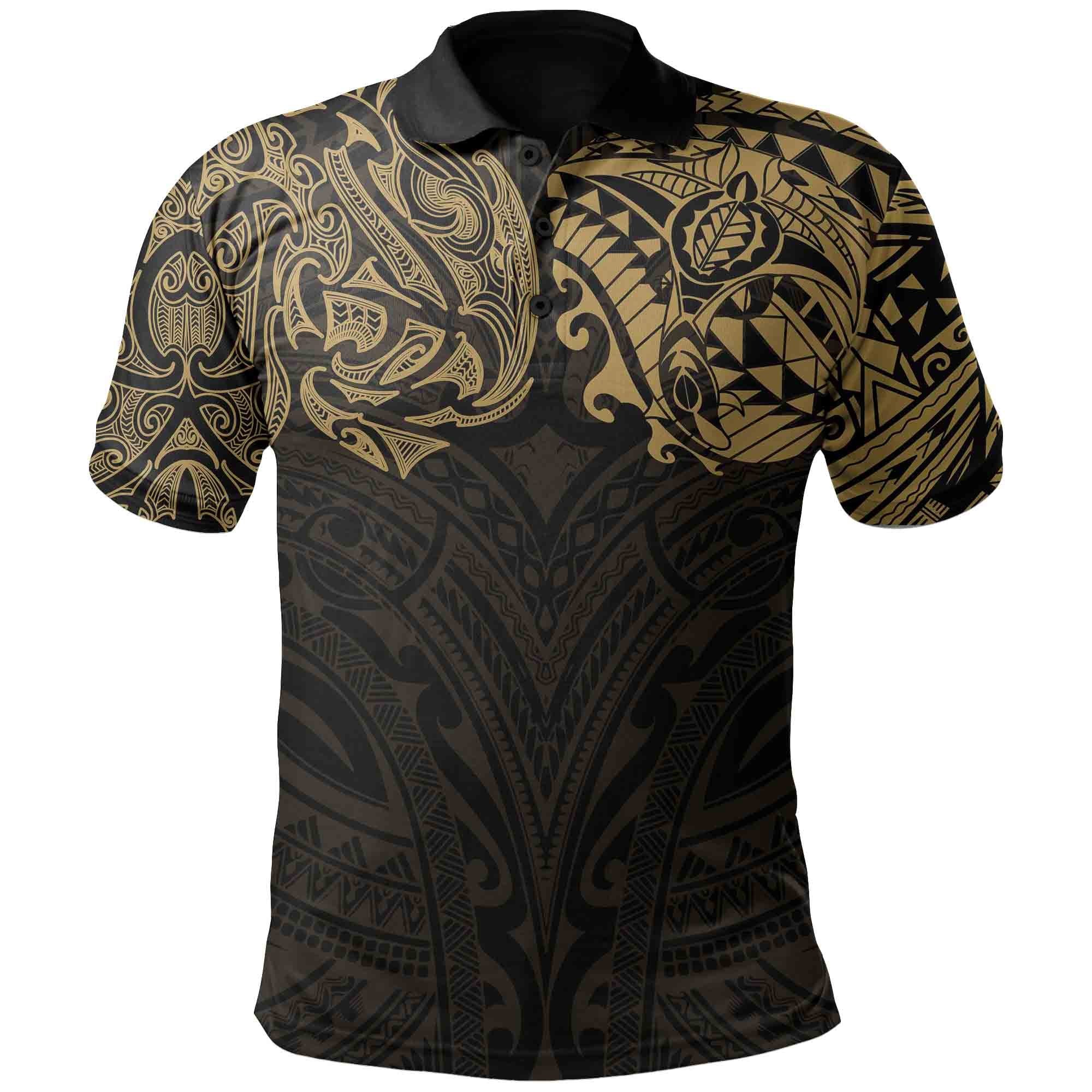 New Zealand Polo Shirt, Maori Polynesian Tattoo Gold Gold - Polynesian Pride