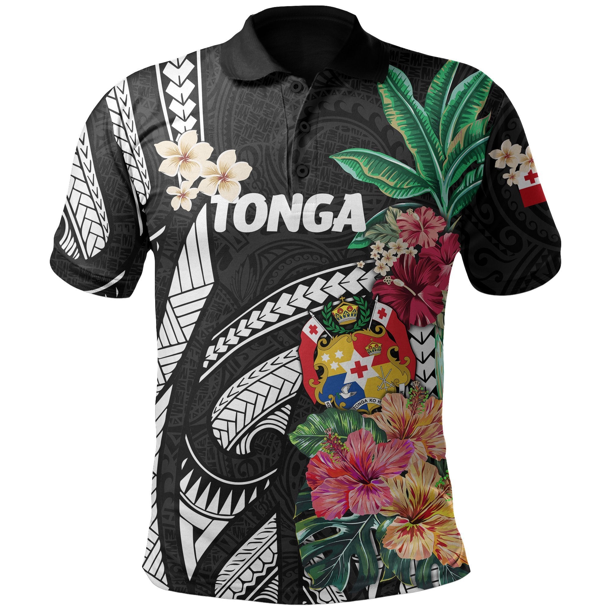 Tonga All Over Print Polo Shirt Coat Of Arms Polynesian With Hibiscus Black - Polynesian Pride