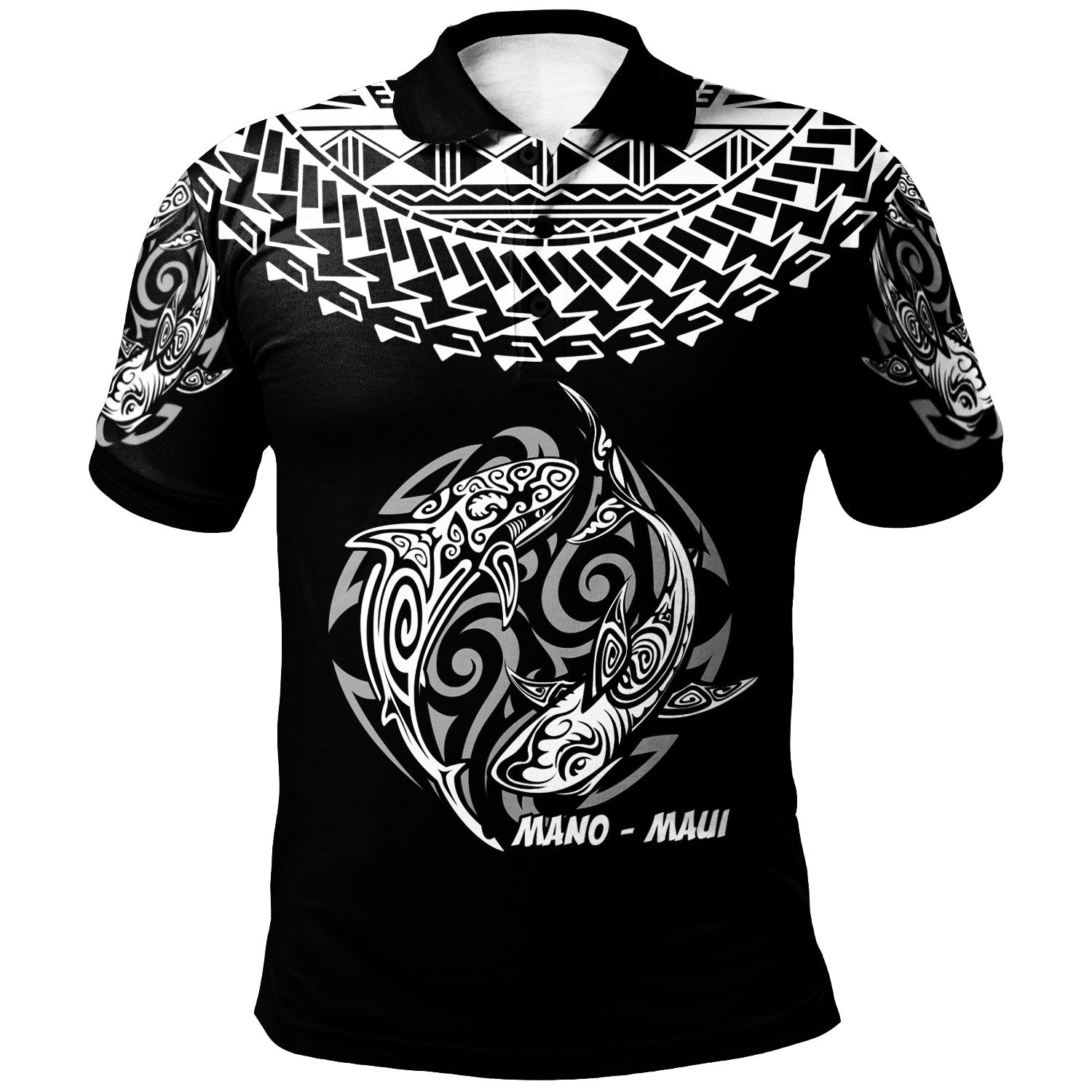 Hawaii Polo Shirt Hawaiian Shark Tattoo White Black Color Unisex Black - Polynesian Pride