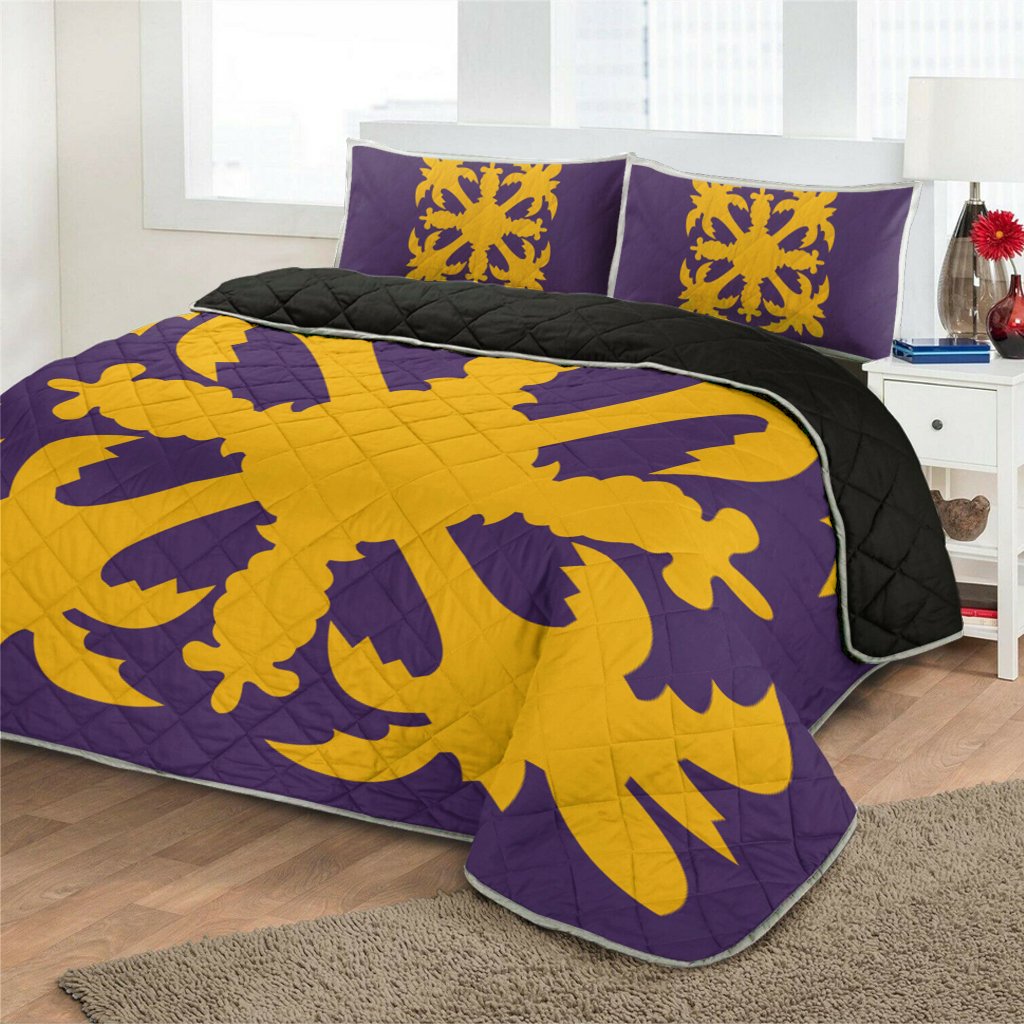 Hawaiian Royal Pattern Quilt Bed Set - Purple And Gold - H1 Style - AH - Polynesian Pride