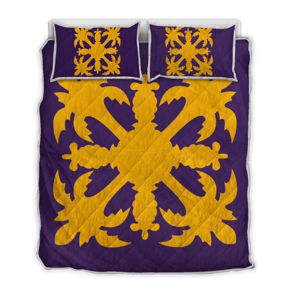 Hawaiian Royal Pattern Quilt Bed Set - Purple And Gold - H1 Style - AH Art - Polynesian Pride