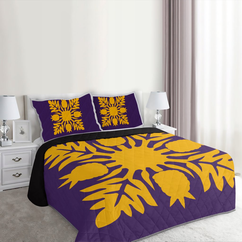 Hawaiian Royal Pattern Quilt Bed Set - Purple And Gold - N1 Style - AH - Polynesian Pride
