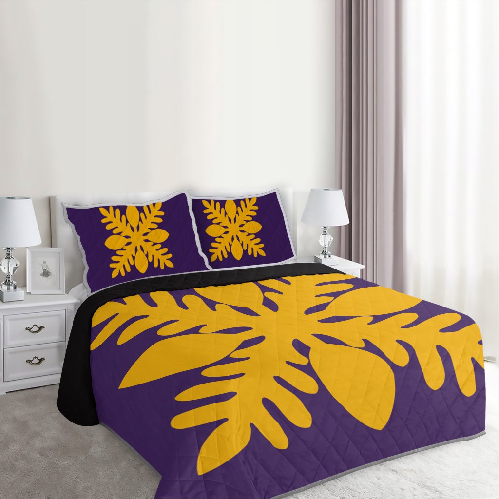 Hawaiian Royal Pattern Quilt Bed Set - Purple And Gold - D1 Style - AH - Polynesian Pride