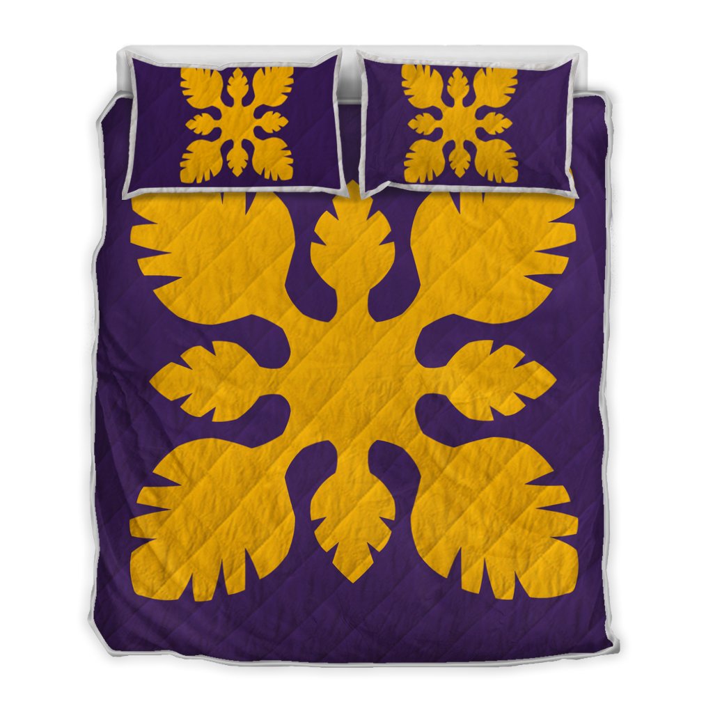 Hawaiian Royal Pattern Quilt Bed Set - Purple And Gold - B1 Style - AH Art - Polynesian Pride