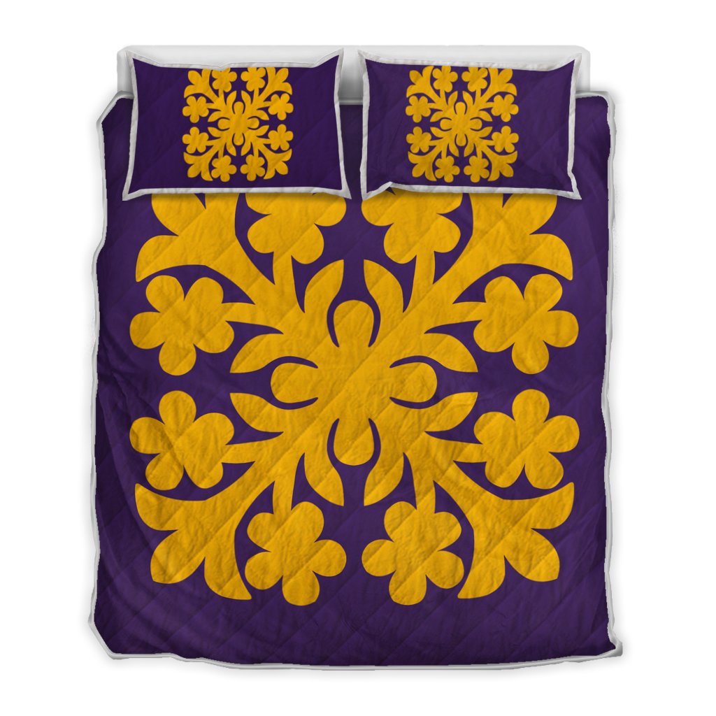 Hawaiian Royal Pattern Quilt Bed Set - Purple And Gold - E1 Style - AH Art - Polynesian Pride