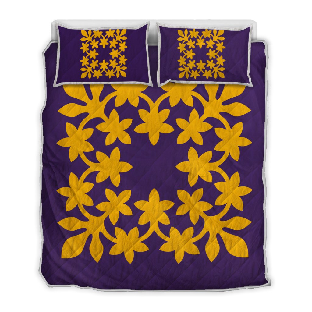 Hawaiian Royal Pattern Quilt Bed Set - Purple And Gold - L3 Style - AH Art - Polynesian Pride