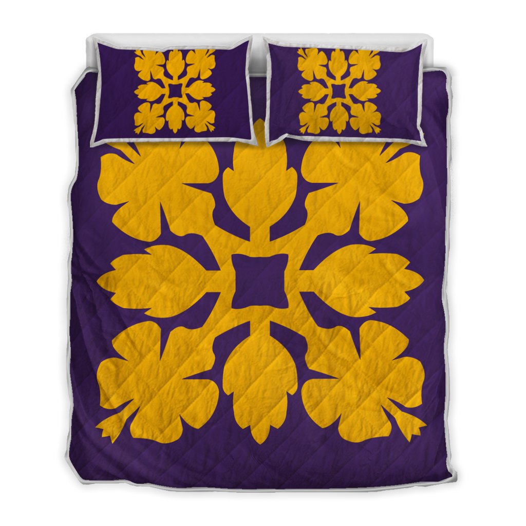 Hawaiian Royal Pattern Quilt Bed Set - Purple And Gold - C1 Style - AH Art - Polynesian Pride