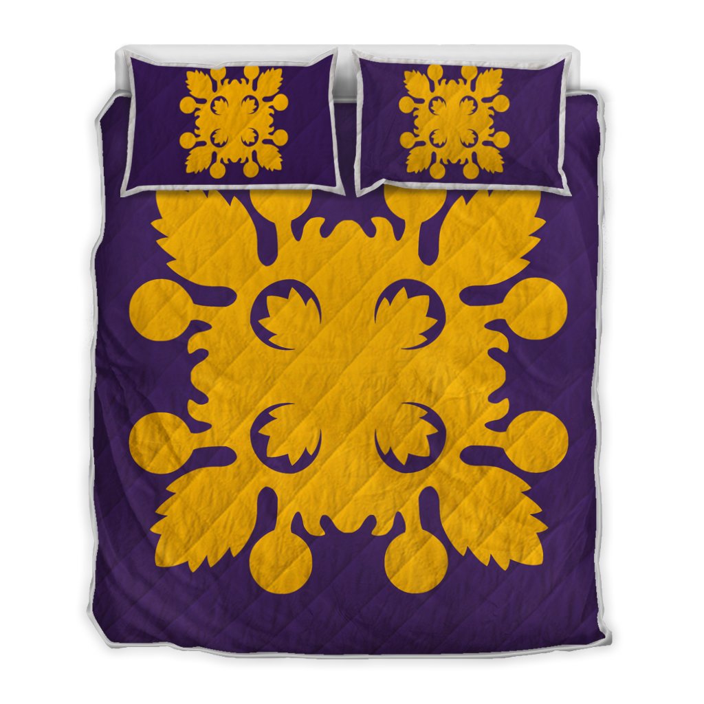 Hawaiian Royal Pattern Quilt Bed Set - Purple And Gold - D2 Style - AH Art - Polynesian Pride