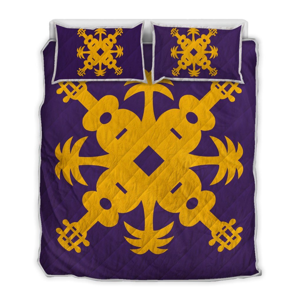 Hawaiian Royal Pattern Quilt Bed Set - Purple And Gold - L2 Style - AH Art - Polynesian Pride