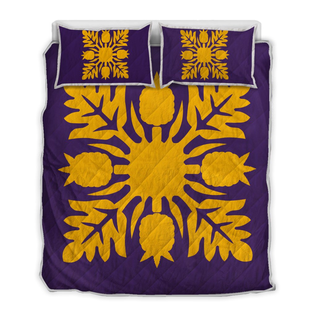 Hawaiian Royal Pattern Quilt Bed Set - Purple And Gold - N1 Style - AH Art - Polynesian Pride