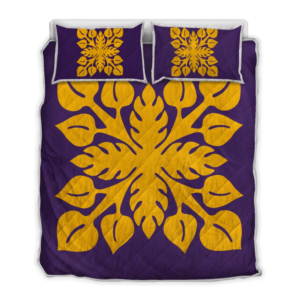 Hawaiian Royal Pattern Quilt Bed Set - Purple And Gold - M2 Style - AH Art - Polynesian Pride