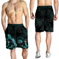 Hawaii Polynesian Men's Shorts - Turtle With Blooming Hibiscus Turquoise - Polynesian Pride