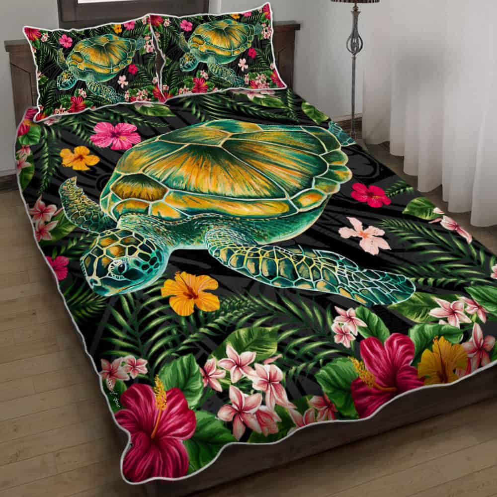 Aloha Turtle Hibiscus Tropical Polynesian Quilt Bed Set - Yam - AH Black - Polynesian Pride