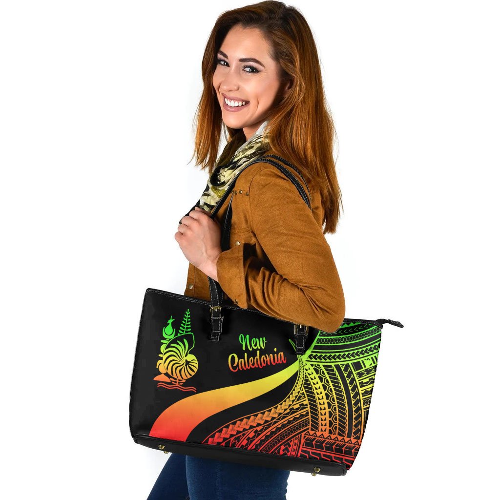 New Caledonia Large Leather Tote Bag - Reggae Polynesian Tentacle Tribal Pattern Crest Reggae - Polynesian Pride