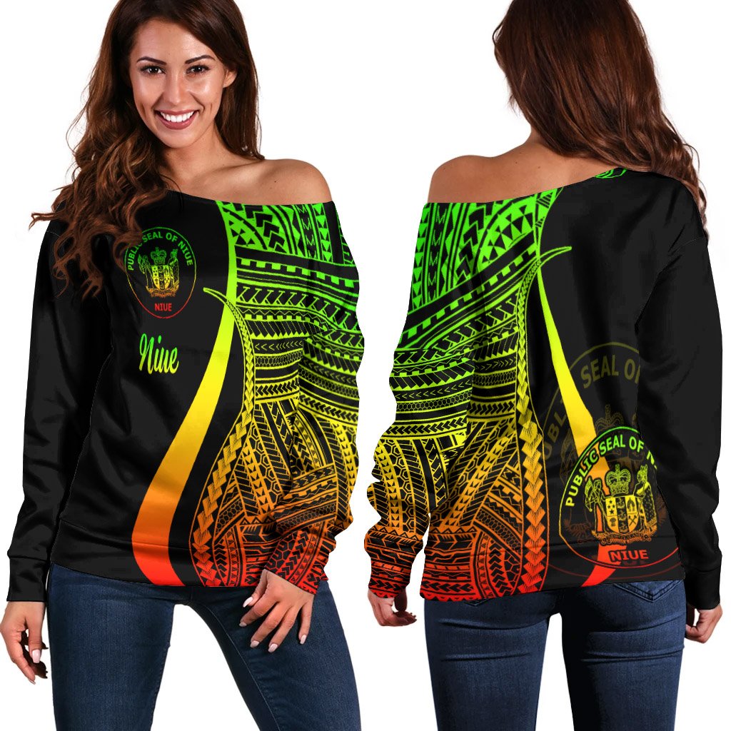 Niue Women's Off Shoulder Sweater - Reggae Polynesian Tentacle Tribal Pattern Art - Polynesian Pride