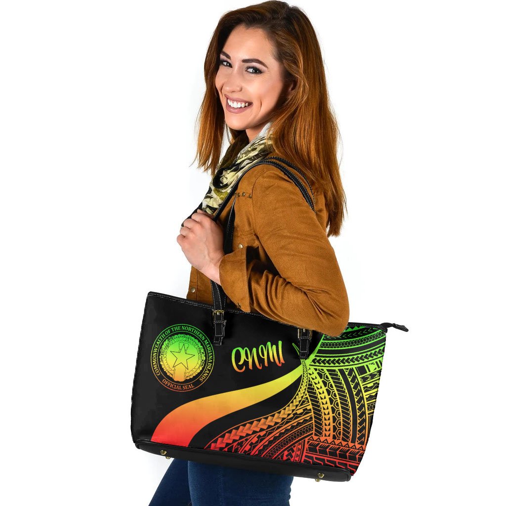 Northern Mariana Islands Large Leather Tote Bag - Reggae Polynesian Tentacle Tribal Pattern Reggae - Polynesian Pride