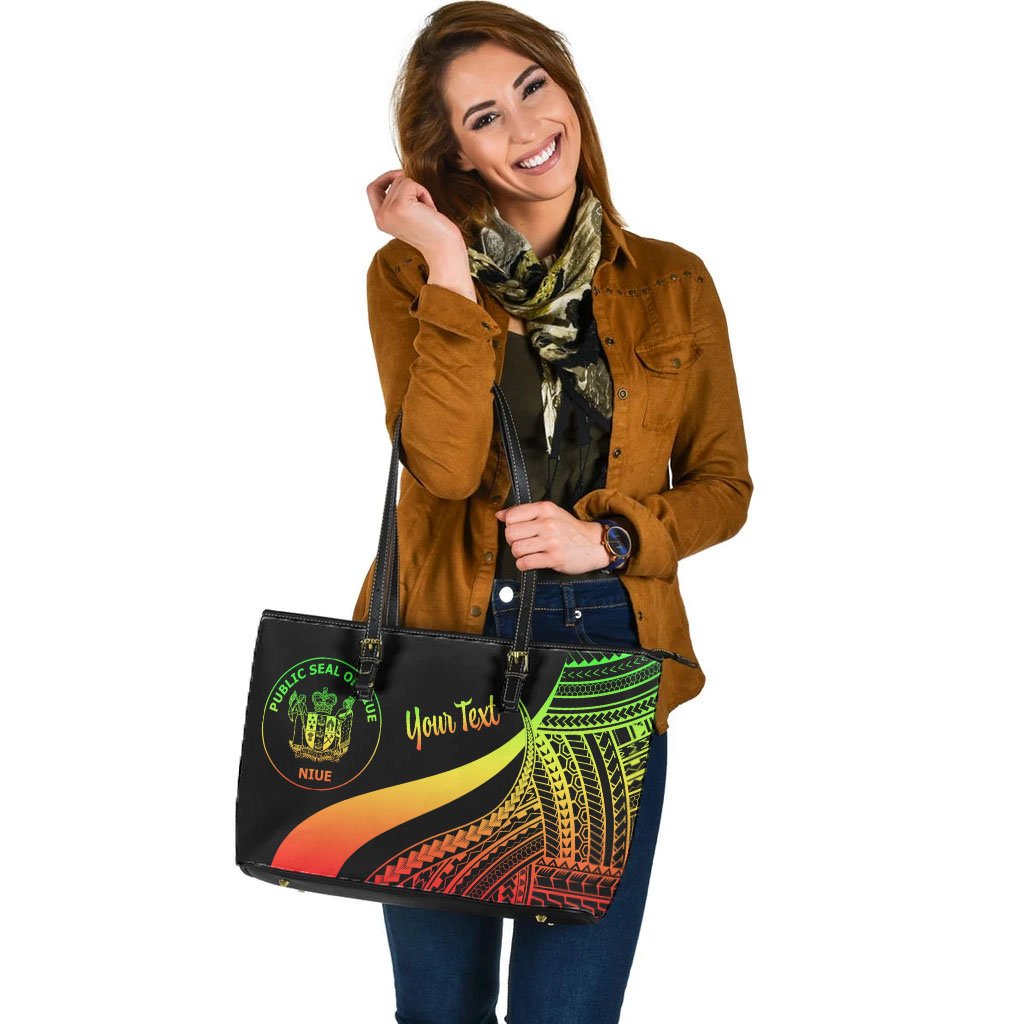 Niue Custom Personalised Large Leather Tote Bag - Reggae Polynesian Tentacle Tribal Pattern - Polynesian Pride