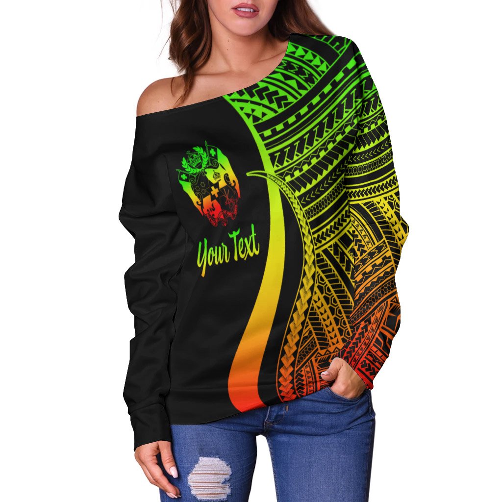Tonga Custom Personalised Women's Off Shoulder Sweater - Reggae Polynesian Tentacle Tribal Pattern - Polynesian Pride