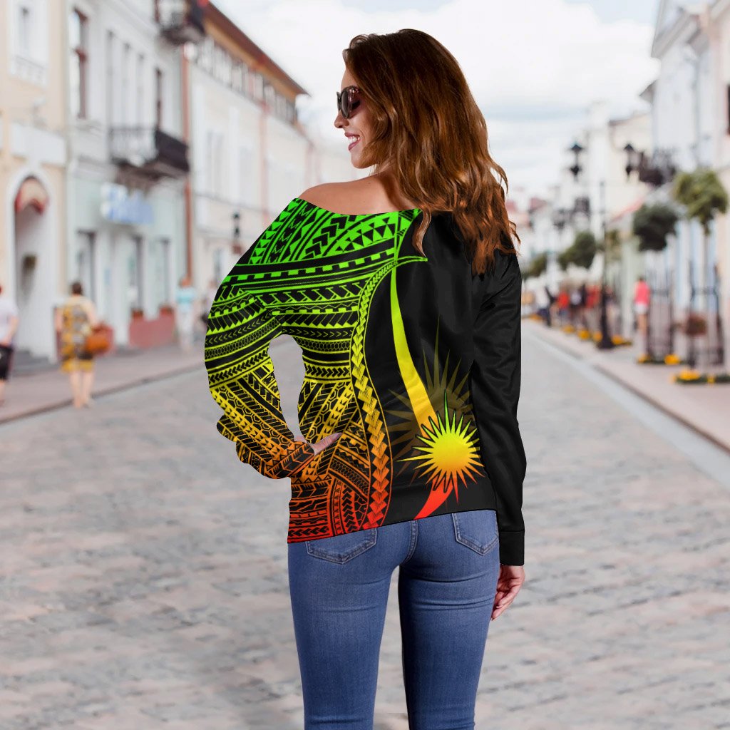 Marshall Islands Custom Personalised Women's Off Shoulder Sweater - Reggae Polynesian Tentacle Tribal Pattern - Polynesian Pride