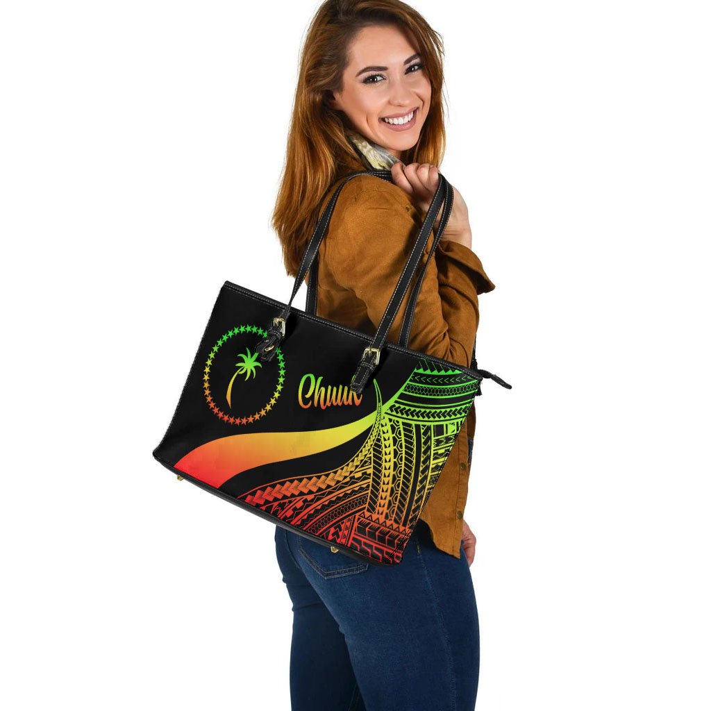 Chuuk Large Leather Tote Bag - Reggae Polynesian Tentacle Tribal Pattern - Polynesian Pride