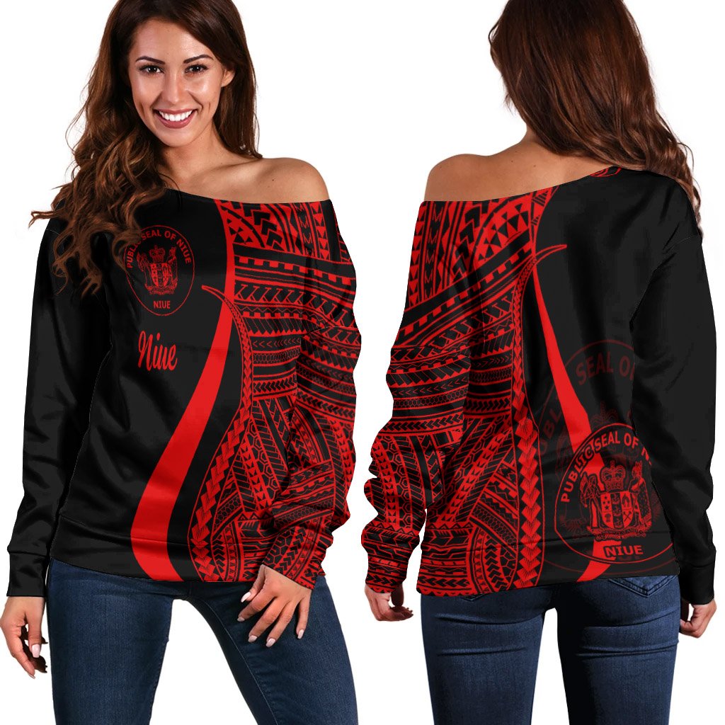 Niue Women's Off Shoulder Sweater - Red Polynesian Tentacle Tribal Pattern Red - Polynesian Pride