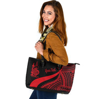 New Caledonia Custom Personalised Large Leather Tote Bag - Red Polynesian Tentacle Tribal Pattern Crest Red - Polynesian Pride