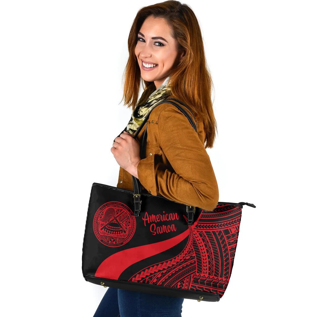 American Samoa Large Leather Tote Bag - Red Polynesian Tentacle Tribal Pattern Red - Polynesian Pride