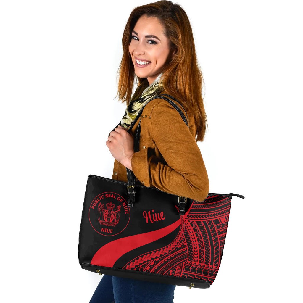 Niue Large Leather Tote Bag - Red Polynesian Tentacle Tribal Pattern Red - Polynesian Pride