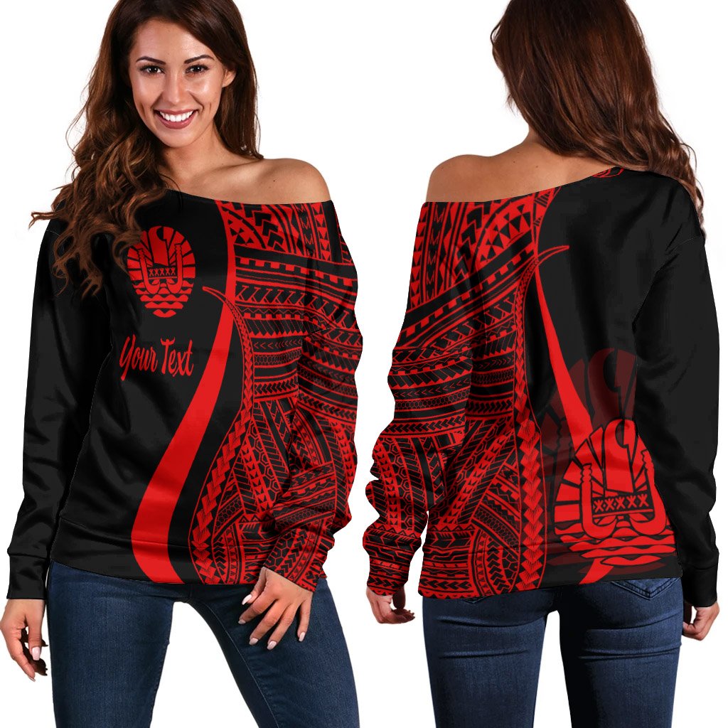 Tahiti Custom Personalised Women's Off Shoulder Sweater - Red Polynesian Tentacle Tribal Pattern Red - Polynesian Pride