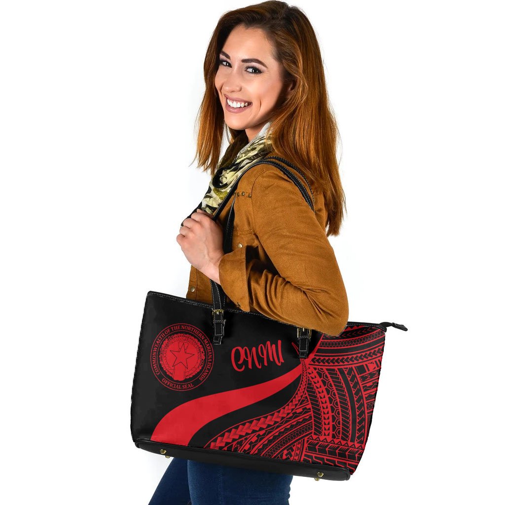 Northern Mariana Islands Large Leather Tote Bag - Red Polynesian Tentacle Tribal Pattern Red - Polynesian Pride