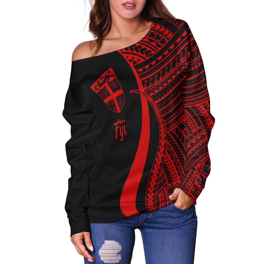 Fiji Women's Off Shoulder Sweater - Red Polynesian Tentacle Tribal Pattern - Polynesian Pride
