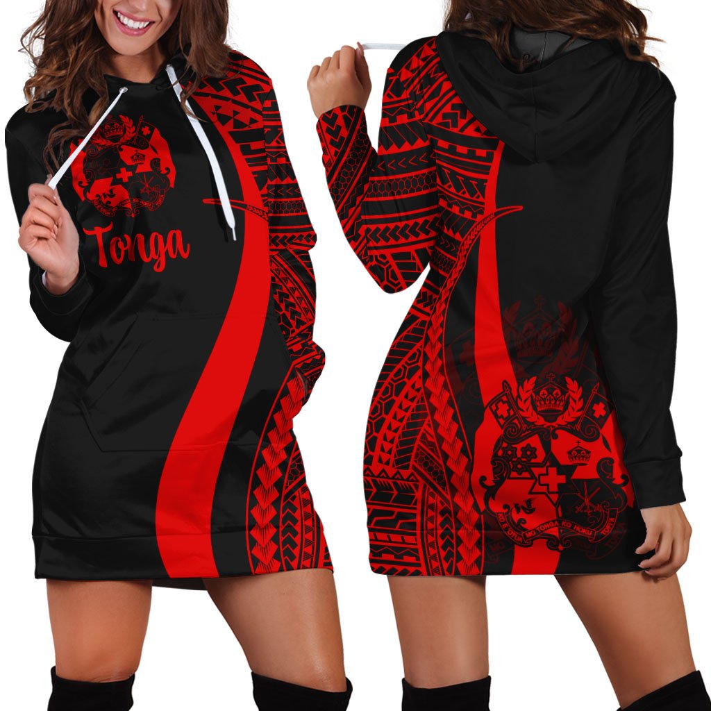 Tonga Women's Hoodie Dress - Red Polynesian Tentacle Tribal Pattern Red - Polynesian Pride