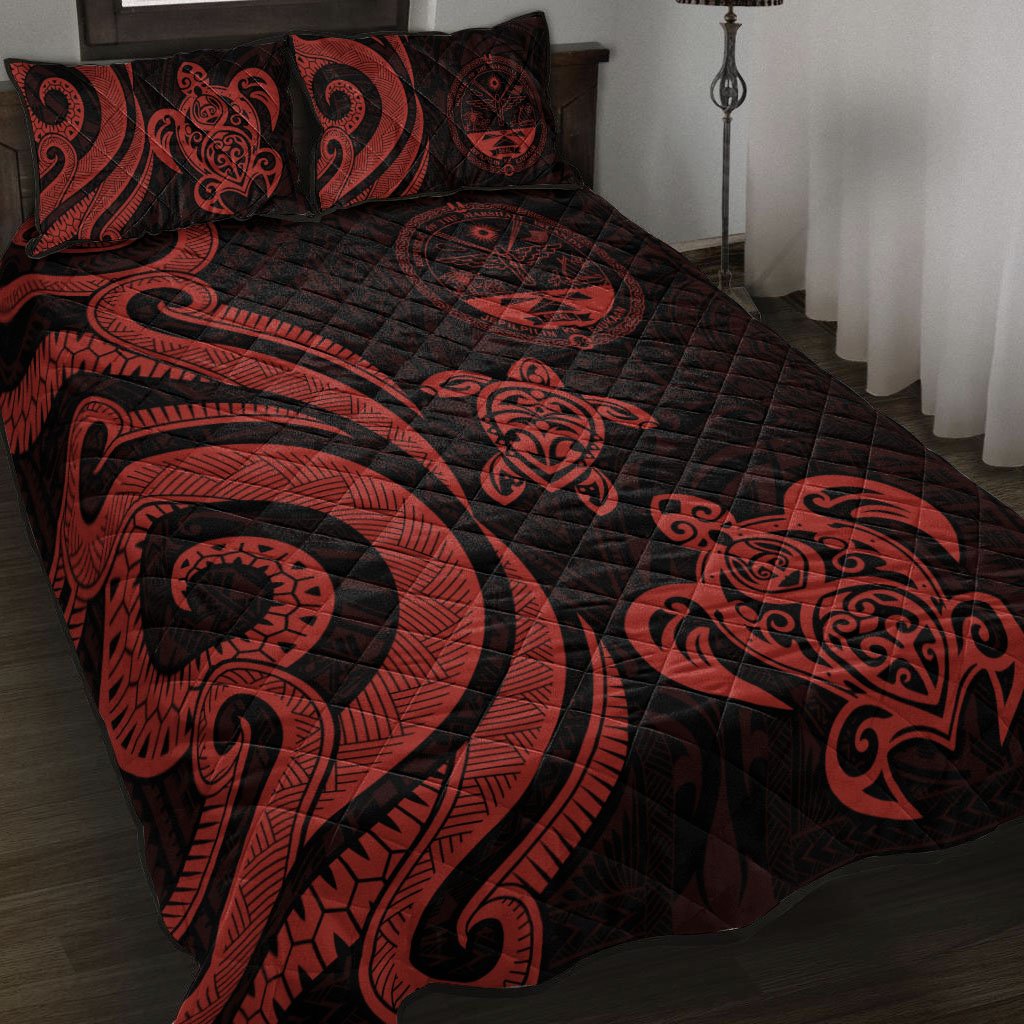 Marshall Islands Quilt Bed Set - Red Tentacle Turtle Crest Red - Polynesian Pride