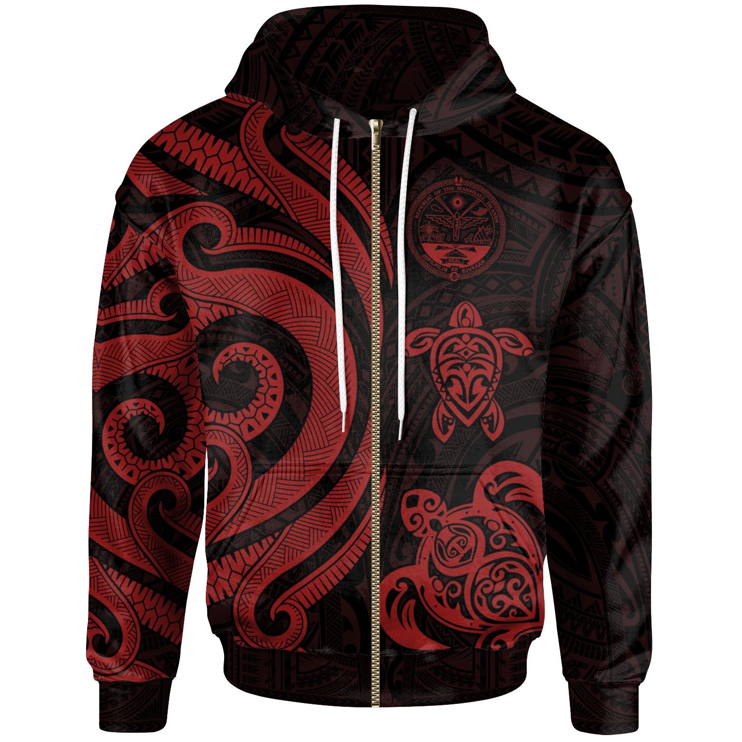 Marshall Islands Zip up Hoodie Red Tentacle Turtle Unisex Red - Polynesian Pride
