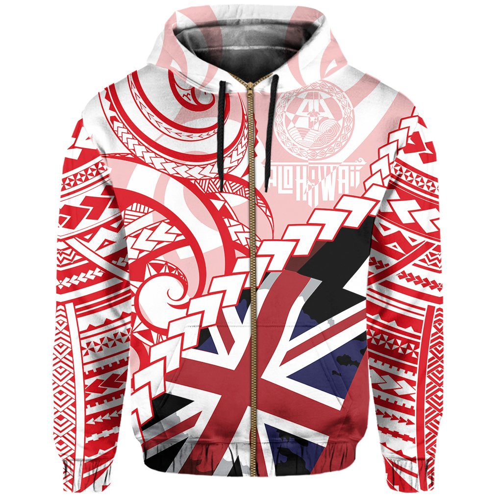 Polynesian Kakau Flag of Hawaii Zip Hoodie Red - Polynesian Pride