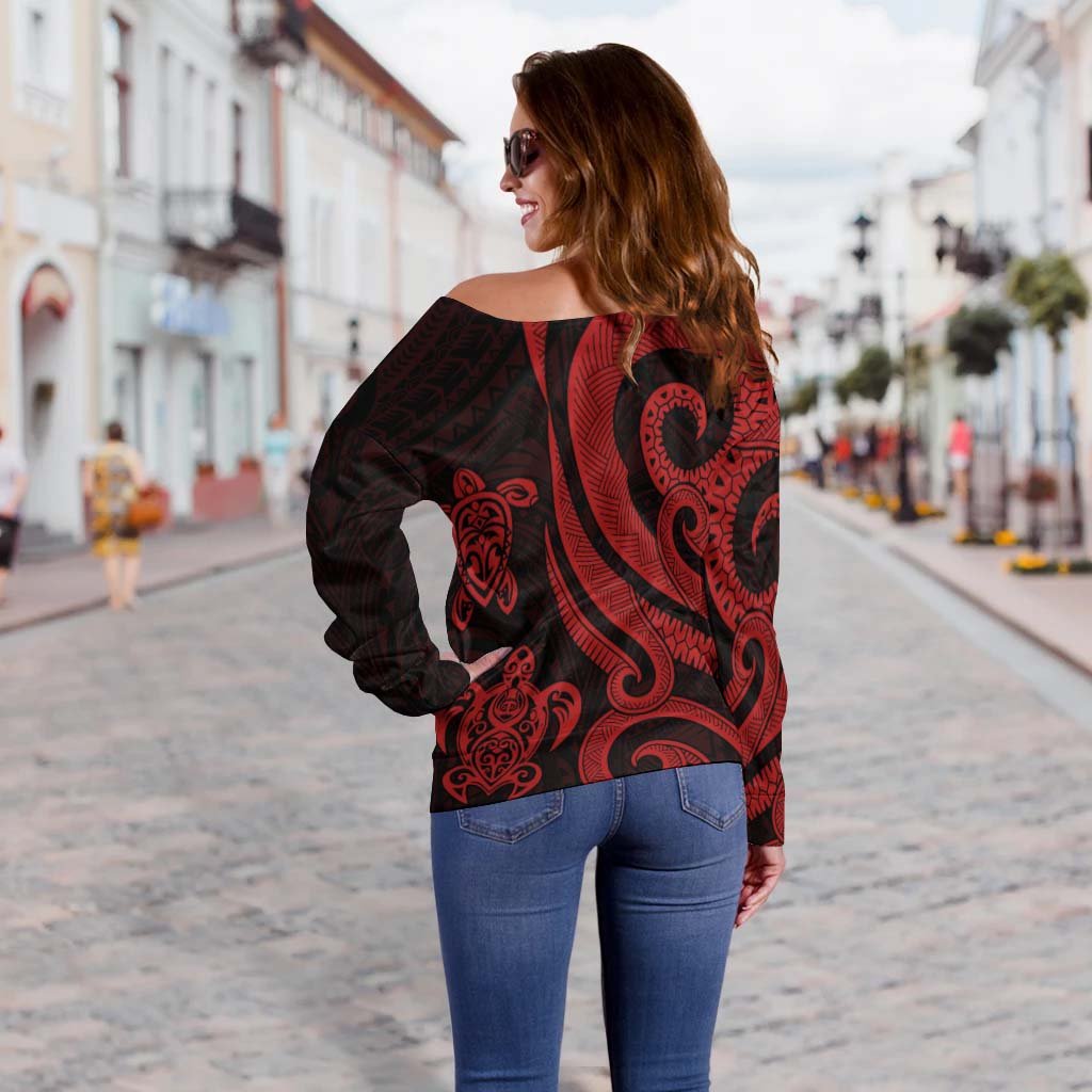 Marshall Islands Women's Off Shoulder Sweater - Red Tentacle Turtle - Polynesian Pride