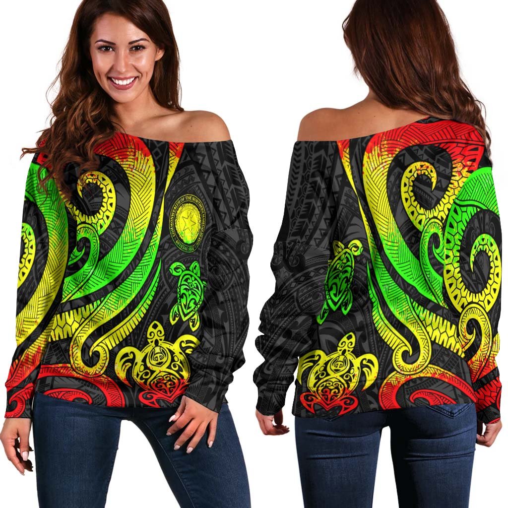 Northern Mariana Islands Women's Off Shoulder Sweater - Reggae Tentacle Turtle Art - Polynesian Pride