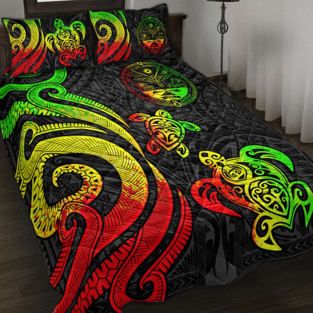 Marshall Islands Quilt Bed Set - Reggae Tentacle Turtle Crest Art - Polynesian Pride