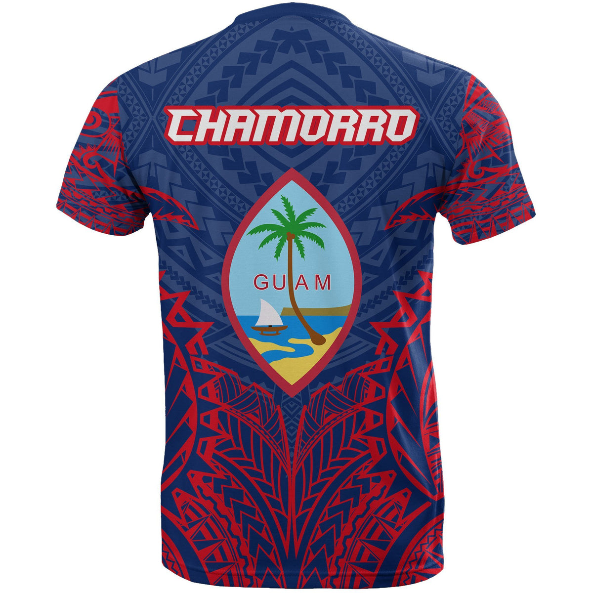 Guam T Shirt Guam Coat of Arms Polynesian Tattoo Red Blue - Polynesian Pride