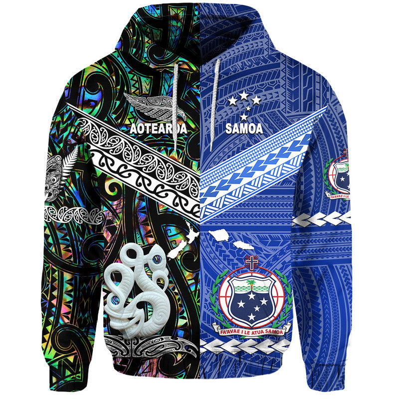 Custom Samoa and New Zealand Hoodie Together Paua Shell LT8 Blue - Polynesian Pride